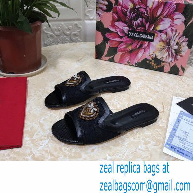 Dolce  &  Gabbana Lace Sliders Black with Devotion Heart 2021